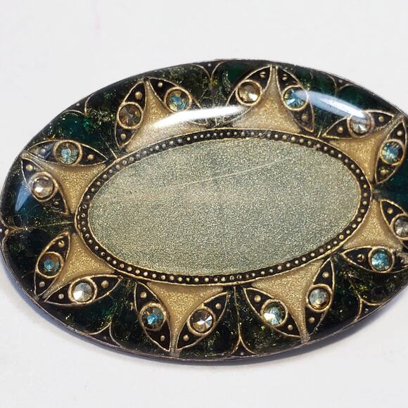 Vintage Catherine Popesco Green Cream Enamel & Crystal Brooch Pin - Picture 2 of 5